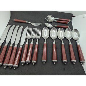 Laslo for Mikasa Silverware Plastic handle Burgundy faceted 17 Pieces HTF READ